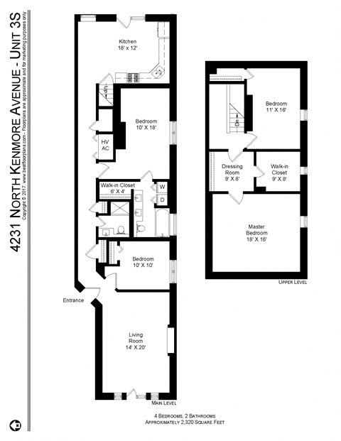 Floor plan for 4 beds, 2 baths, 2320 sqft